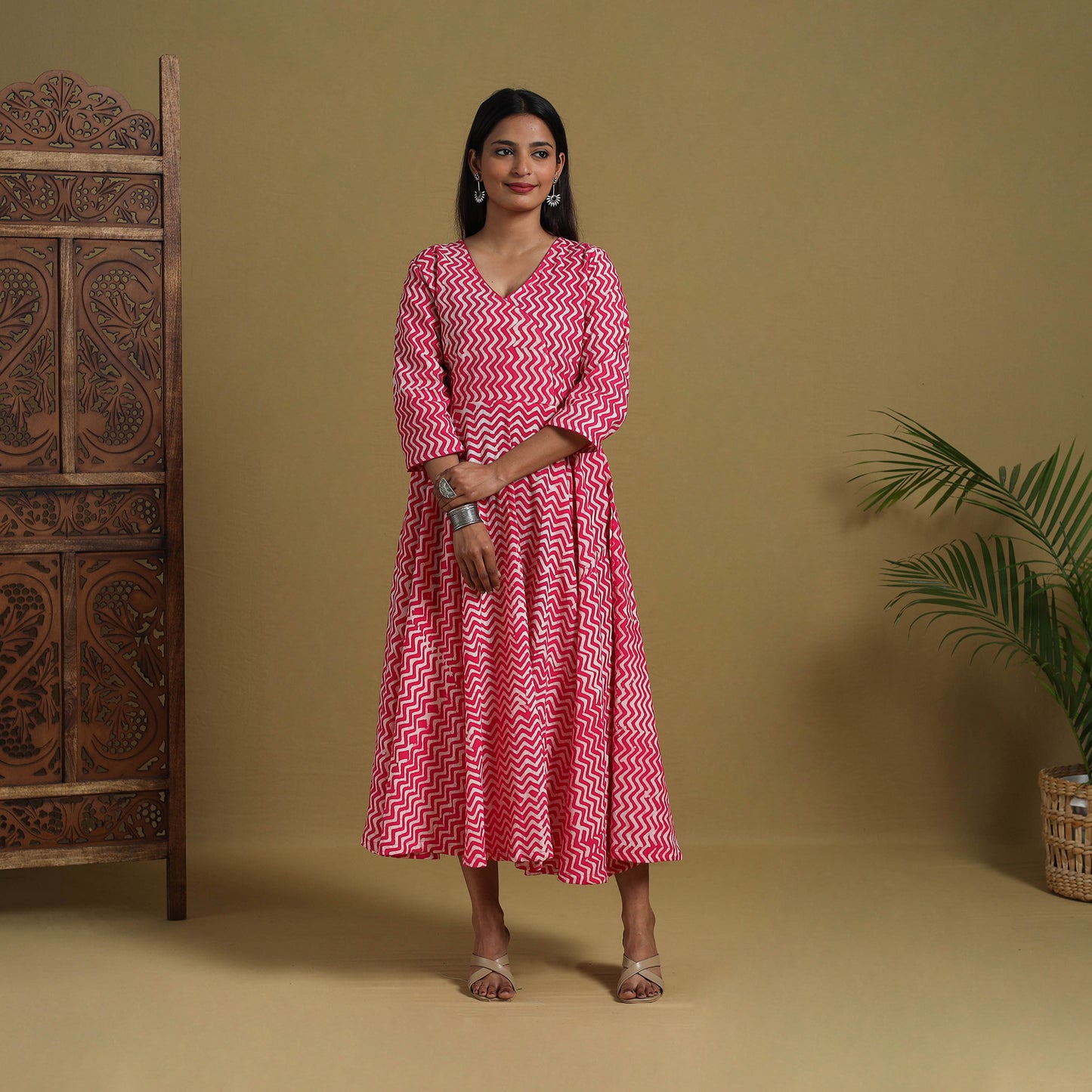 Buy Pink Flared Cotton Batik Print Dress Online 