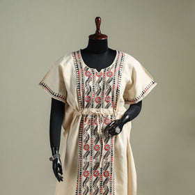 Beige - Bengal Kantha Hand Embroidery Cotton Long Kaftan 50