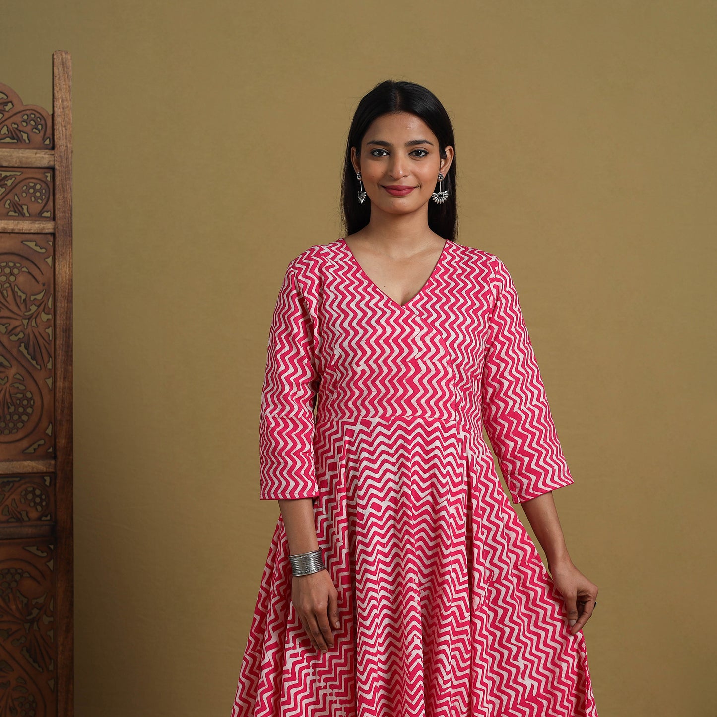 Buy Pink Flared Cotton Batik Print Dress Online 