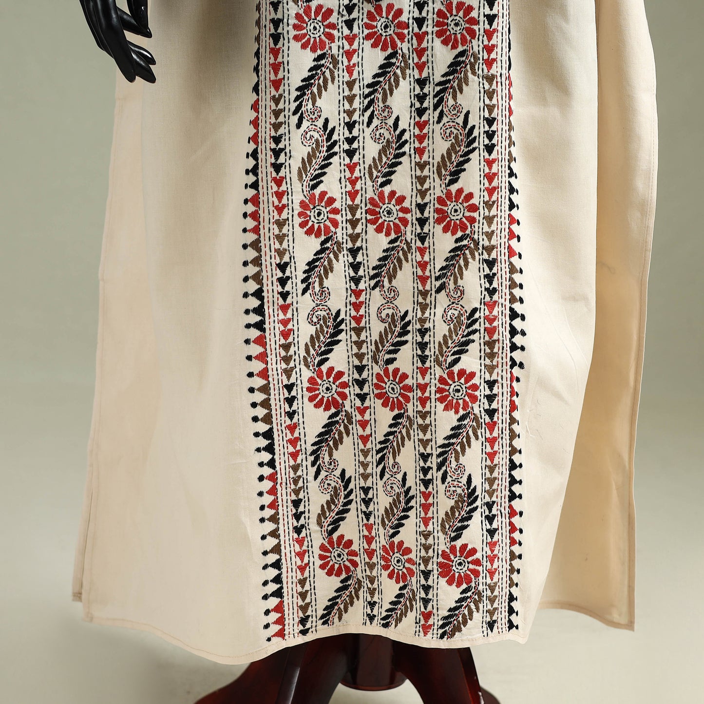 Beige - Bengal Kantha Hand Embroidery Cotton Long Kaftan 50