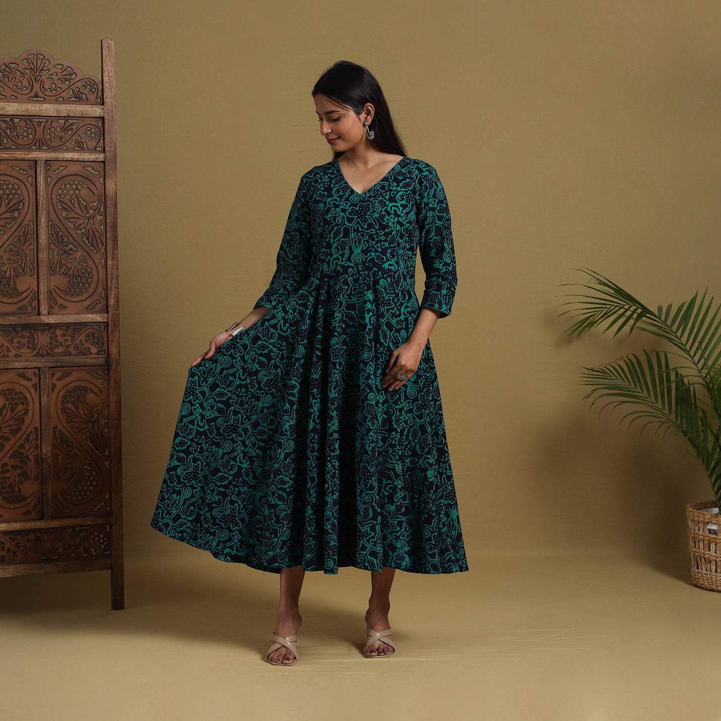 Green - Flared Cotton Batik Print Dress 04