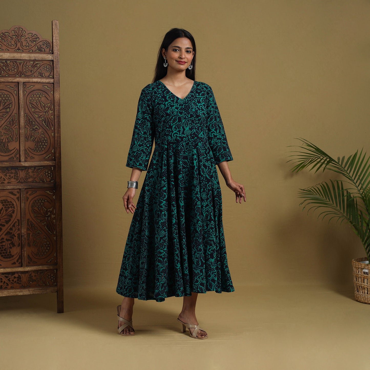Green - Flared Cotton Batik Print Dress 04