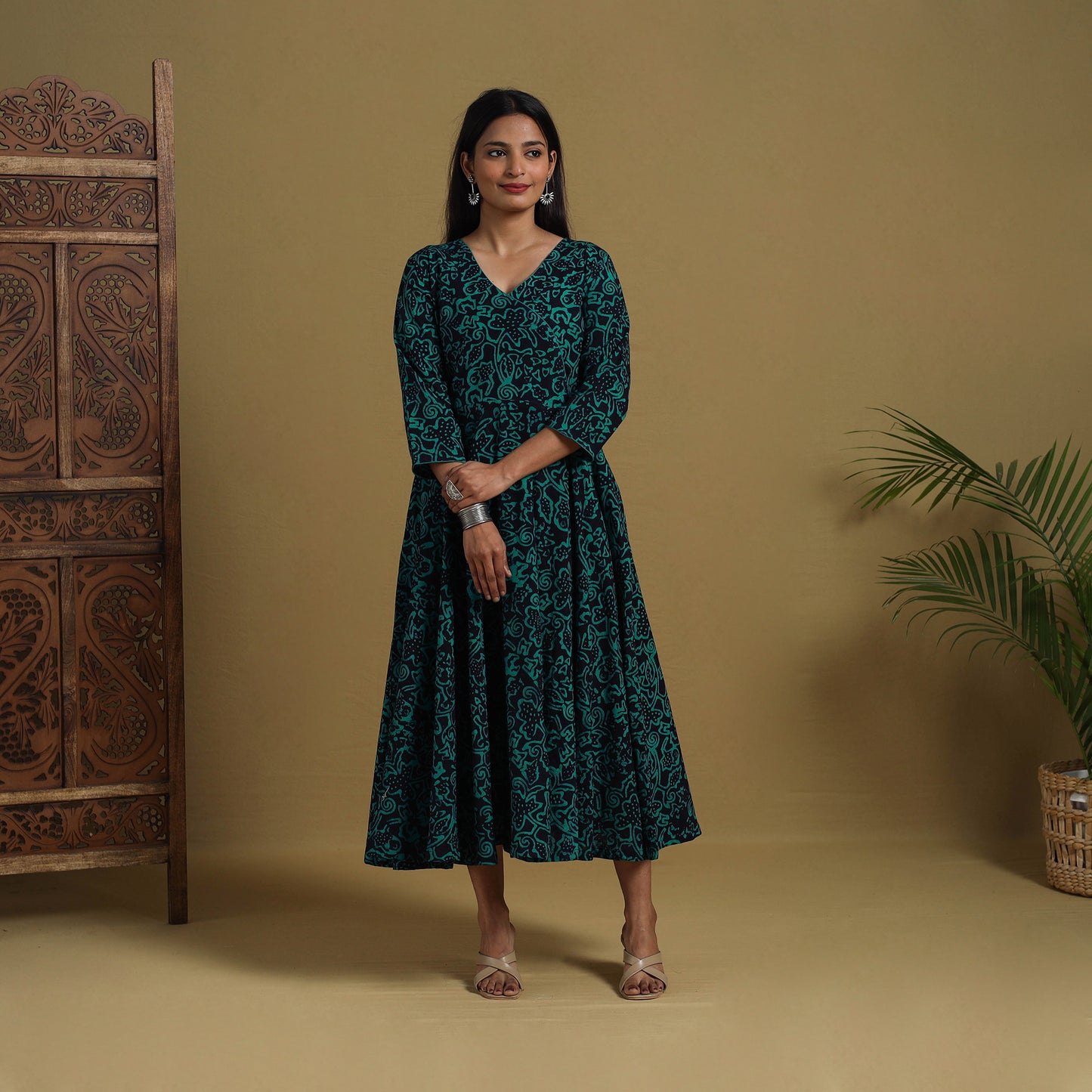 Green - Flared Cotton Batik Print Dress 04