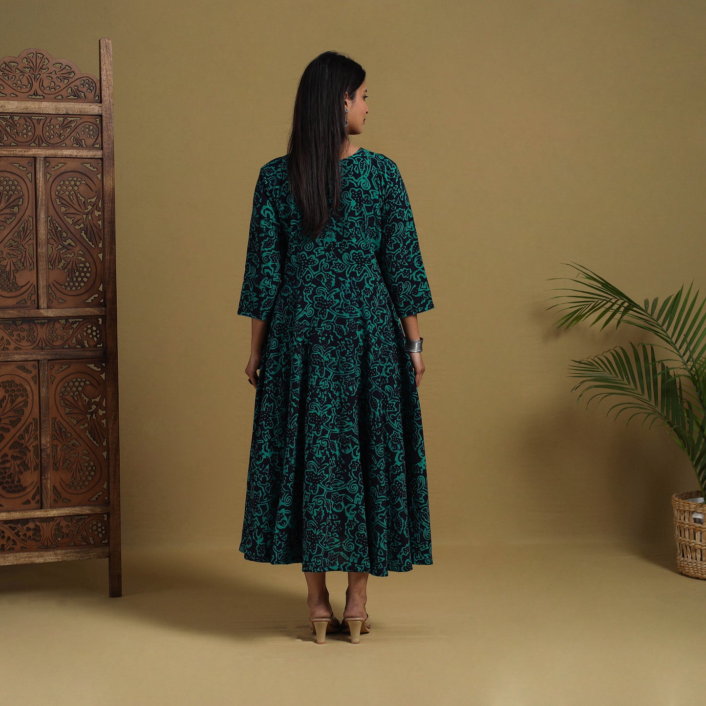 Green - Flared Cotton Batik Print Dress 04