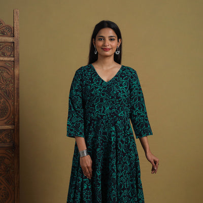 Green - Flared Cotton Batik Print Dress 04