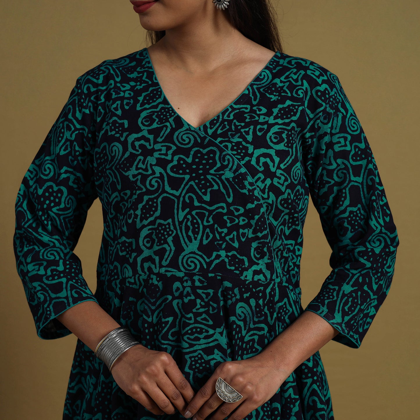 Green - Flared Cotton Batik Print Dress 04