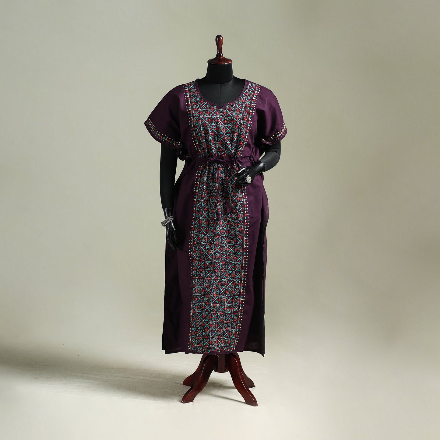 Purple - Bengal Kantha Hand Embroidery Cotton Long Kaftan 53