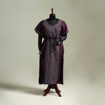 Purple - Bengal Kantha Hand Embroidery Cotton Long Kaftan 53