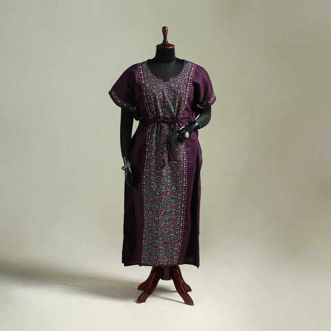 Purple - Bengal Kantha Hand Embroidery Cotton Long Kaftan 53