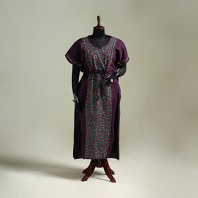 Purple - Bengal Kantha Hand Embroidery Cotton Long Kaftan 53