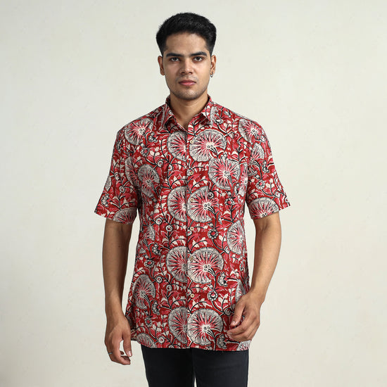 Red - Bagru Block Printed Cotton Men Half Sleeve Shirt 13