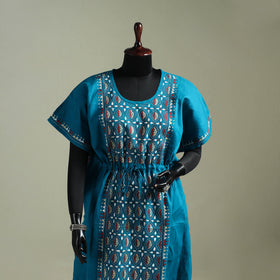 Blue - Bengal Kantha Hand Embroidery Cotton Long Kaftan 54