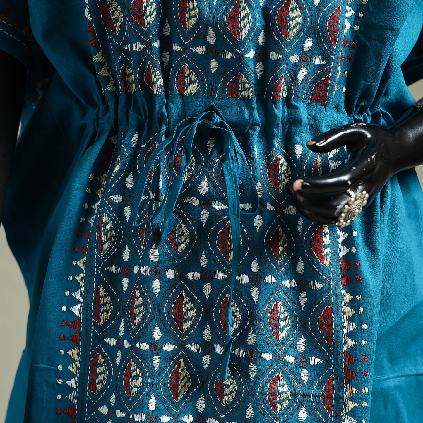 Blue - Bengal Kantha Hand Embroidery Cotton Long Kaftan 54