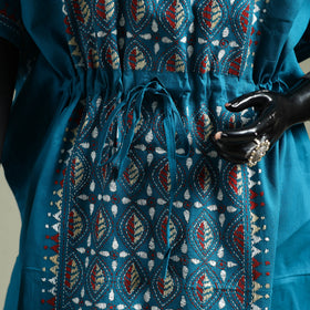 Blue - Bengal Kantha Hand Embroidery Cotton Long Kaftan 54
