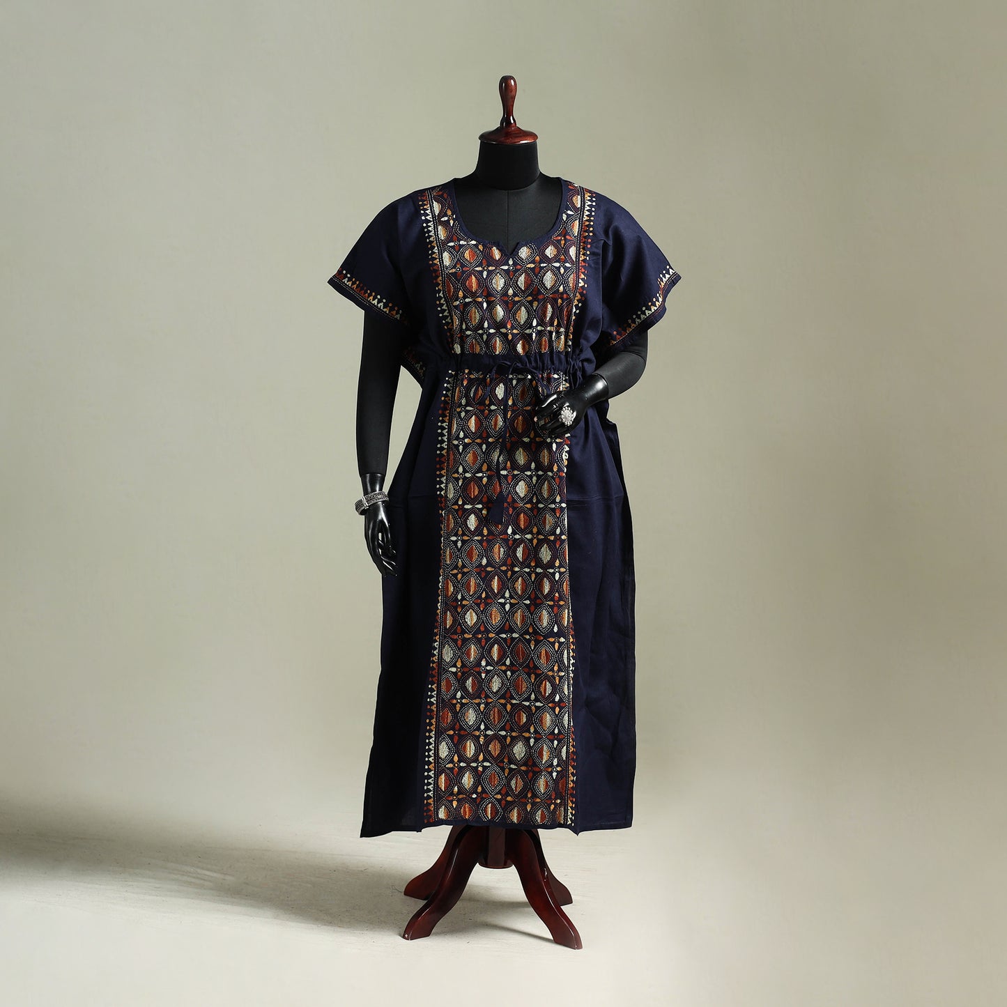 Blue - Bengal Kantha Hand Embroidery Cotton Long Kaftan 57
