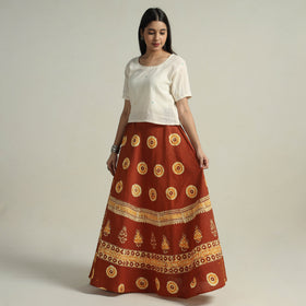 Brown Hand Batik Printed Running Stitch Cotton Long Skirt