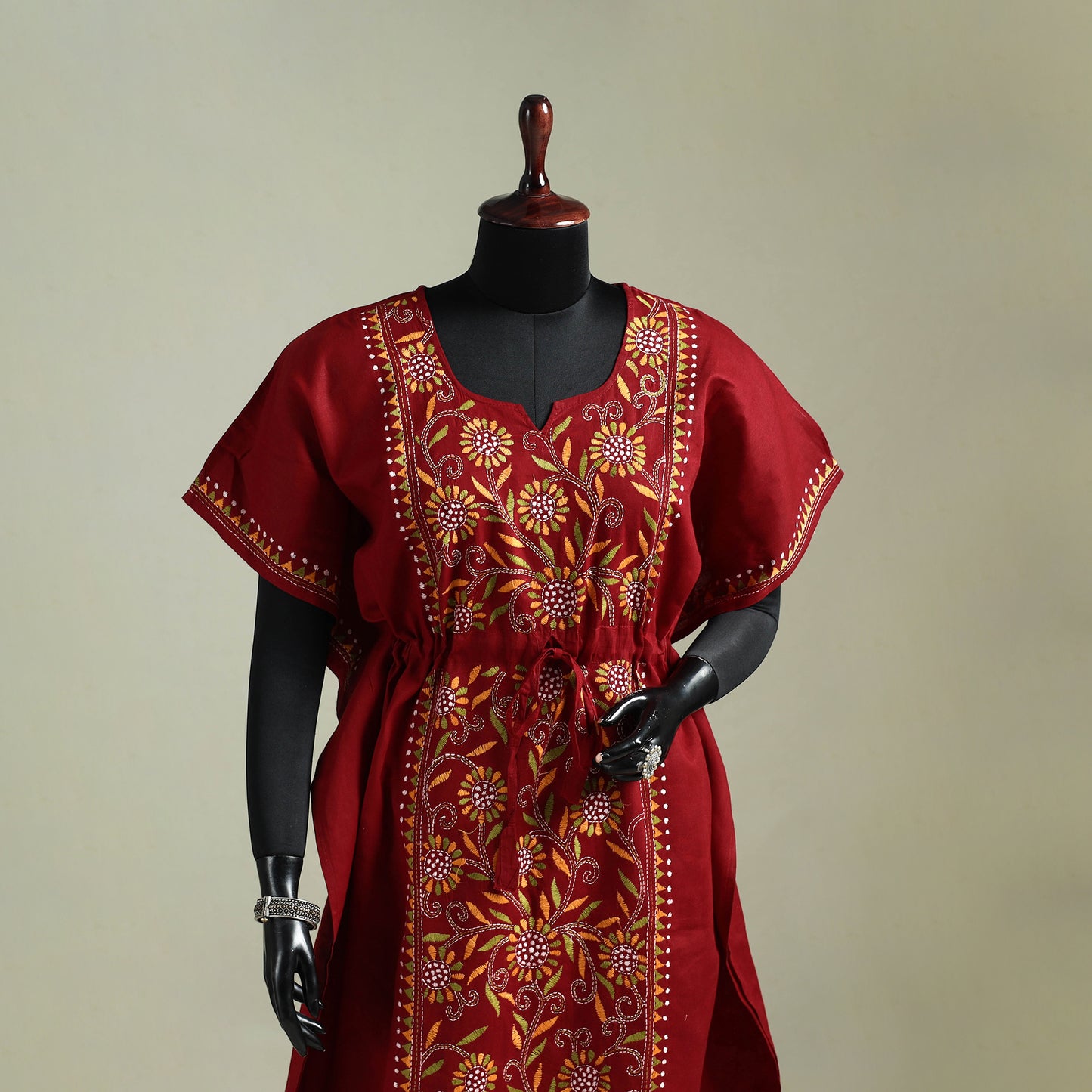 Red - Bengal Kantha Hand Embroidery Cotton Long Kaftan 59