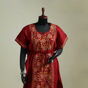 Red - Bengal Kantha Hand Embroidery Cotton Long Kaftan 59