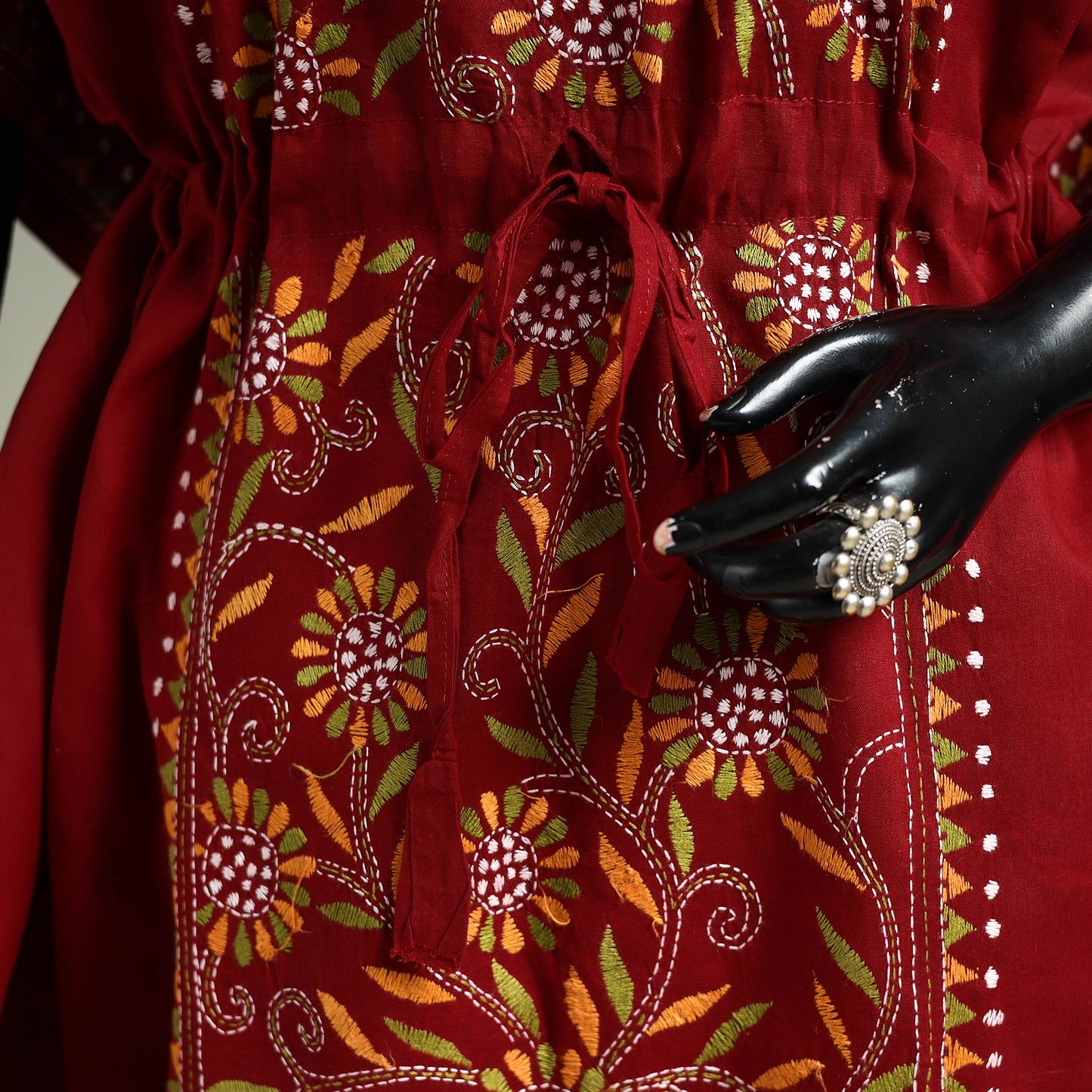 Red - Bengal Kantha Hand Embroidery Cotton Long Kaftan 59