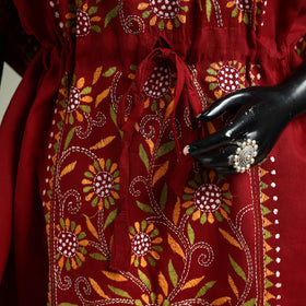 Red - Bengal Kantha Hand Embroidery Cotton Long Kaftan 59