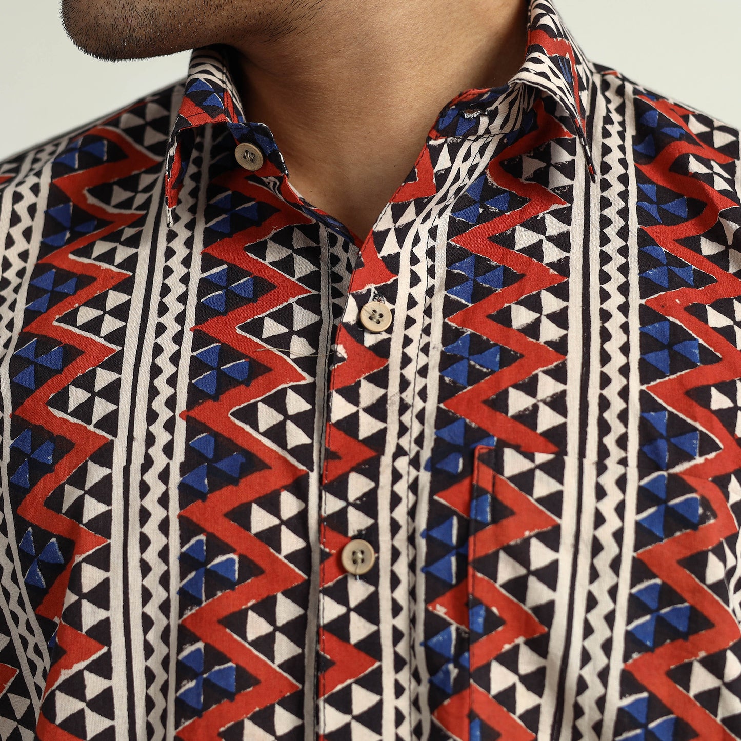 Multicolor - Bagru Block Printed Cotton Men Half Sleeve Shirt 05
