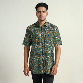 Green Bagru Block Printed Cotton Men Half Sleeve Shirt