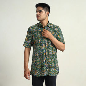 Green Bagru Block Printed Cotton Men Half Sleeve Shirt