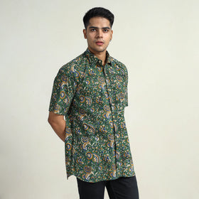Green Bagru Block Printed Cotton Men Half Sleeve Shirt