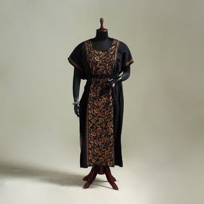 Black - Bengal Kantha Hand Embroidery Cotton Long Kaftan 61