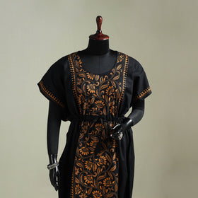 Black - Bengal Kantha Hand Embroidery Cotton Long Kaftan 61