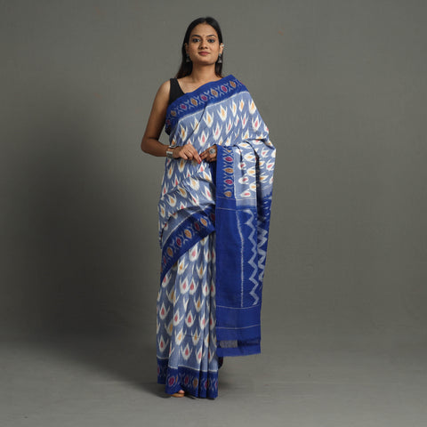 Blue - Mercerised Cotton Handloom Pochampally Ikat Saree 51