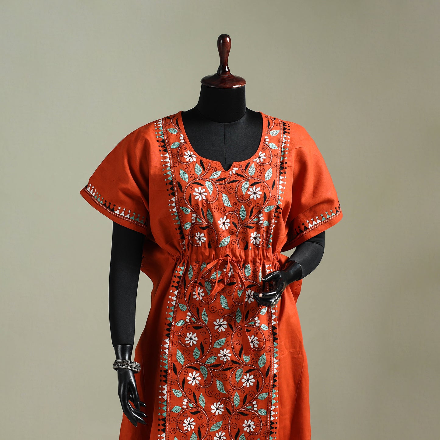 Orange - Bengal Kantha Hand Embroidery Cotton Long Kaftan 63