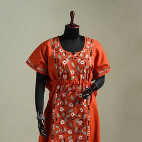 Orange - Bengal Kantha Hand Embroidery Cotton Long Kaftan 63