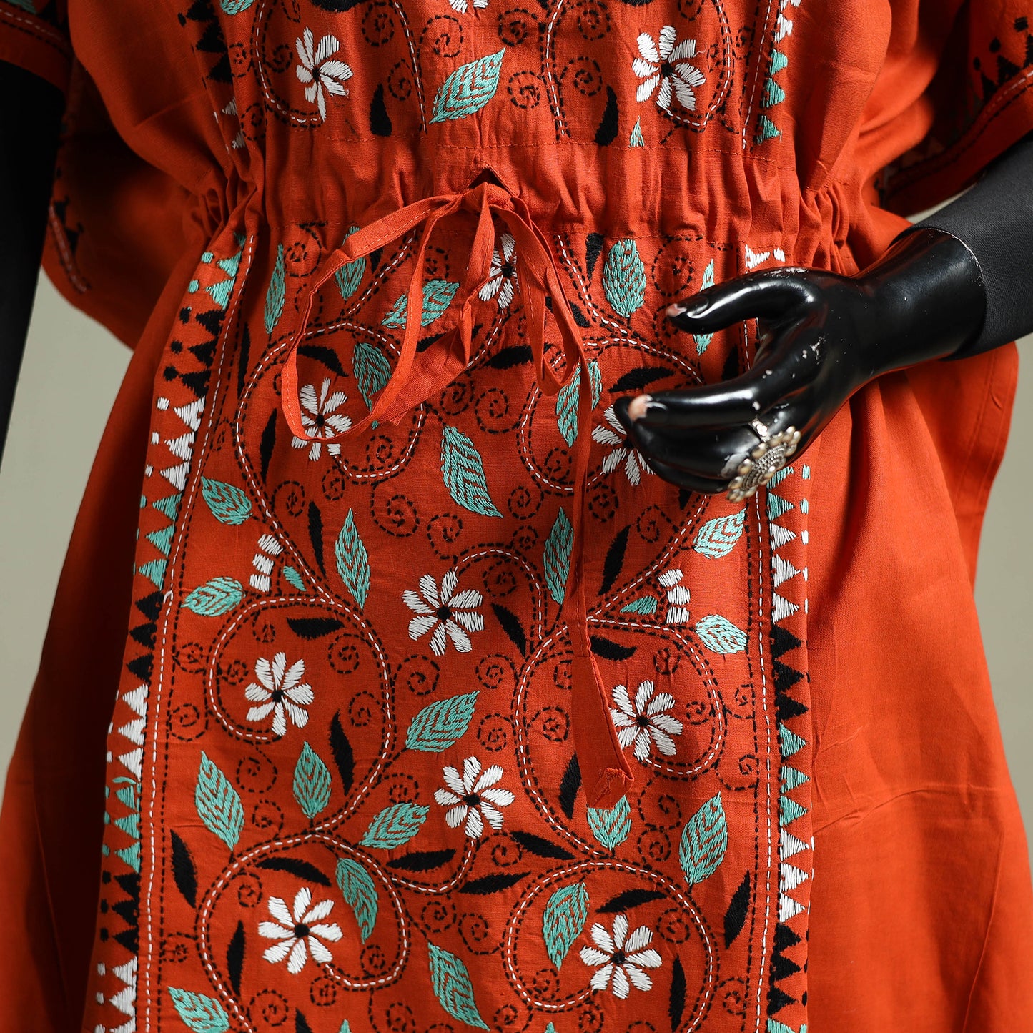 Orange - Bengal Kantha Hand Embroidery Cotton Long Kaftan 63