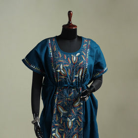 Blue - Bengal Kantha Hand Embroidery Cotton Long Kaftan 64