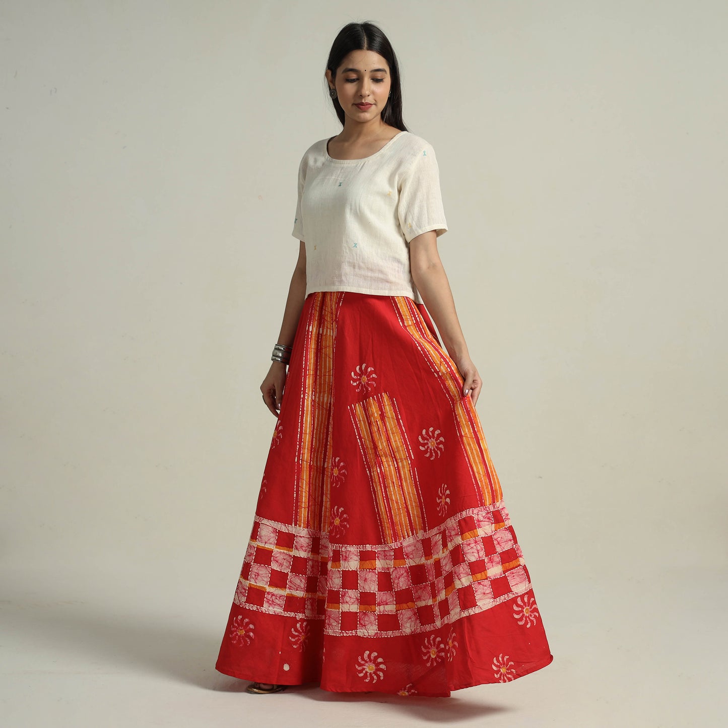 Red - hand batik printed running stitch cotton long skirt