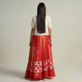 Red - hand batik printed running stitch cotton long skirt