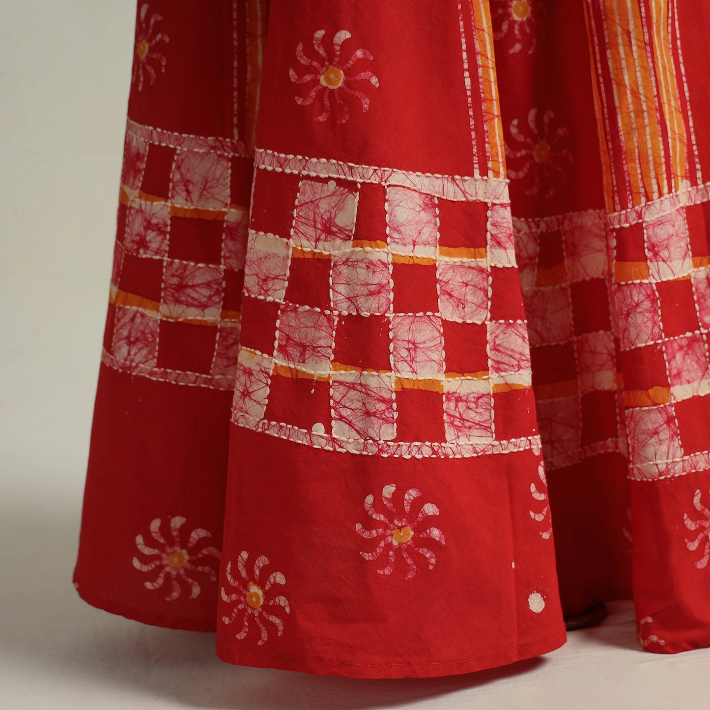Red - hand batik printed running stitch cotton long skirt