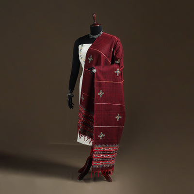 Maroon - Kantha Hand Embroidered Khes Handwoven Cotton Dupatta 02