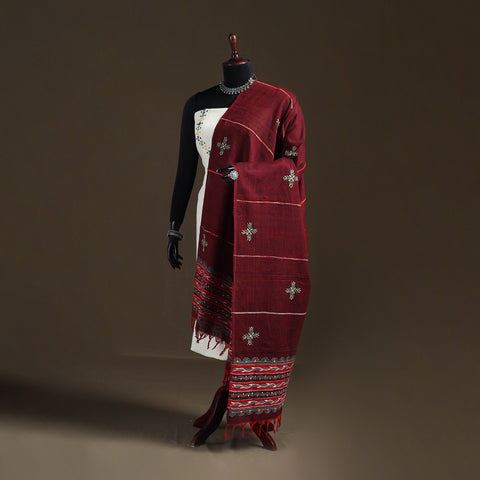 Maroon - Kantha Hand Embroidered Khes Handwoven Cotton Dupatta 02