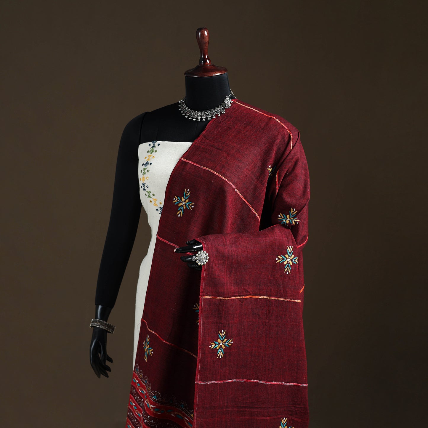 Maroon - Kantha Hand Embroidered Khes Handwoven Cotton Dupatta 02