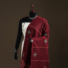 Maroon - Kantha Hand Embroidered Khes Handwoven Cotton Dupatta 02