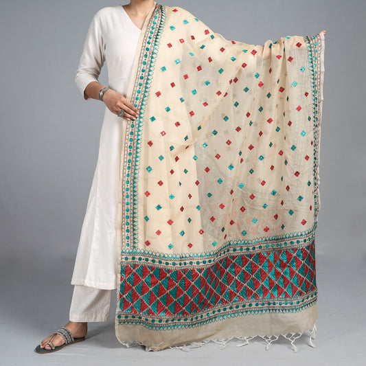 Beige - Phulkari Hand Embroidery Chanderi Silk Cotton Dupatta