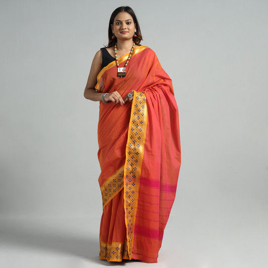 Orange - Traditional Kanchipuram Cotton Saree with Thread & Zari Border