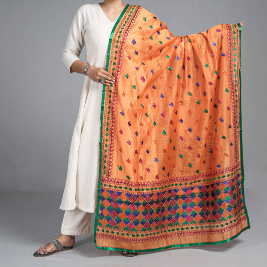 Orange - Phulkari Hand Embroidery Chanderi Silk Cotton Dupatta