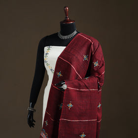 Maroon - Kantha Hand Embroidered Khes Handwoven Cotton Dupatta 03