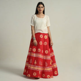 Red Hand Batik Printed Running Stitch Cotton Long Skirt