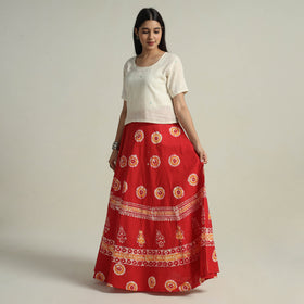 Red Hand Batik Printed Running Stitch Cotton Long Skirt