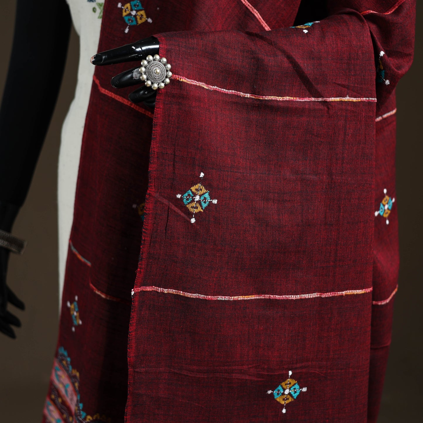 Maroon - Kantha Hand Embroidered Khes Handwoven Cotton Dupatta 03