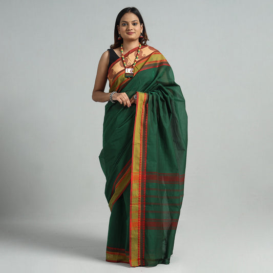 Green - Traditional Kanchipuram Cotton Saree with Thread Border